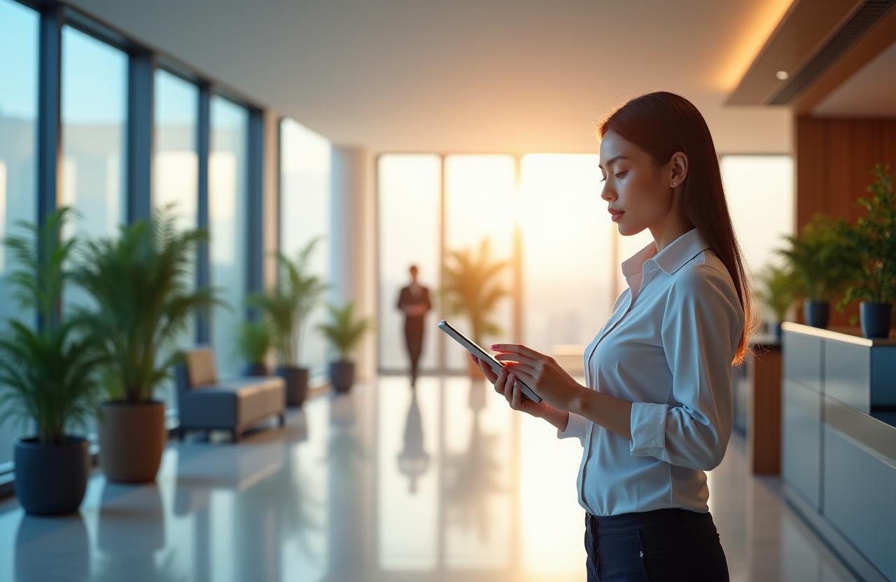 Reception di un hotel moderno e luminoso con un receptionist che utilizza un tablet.